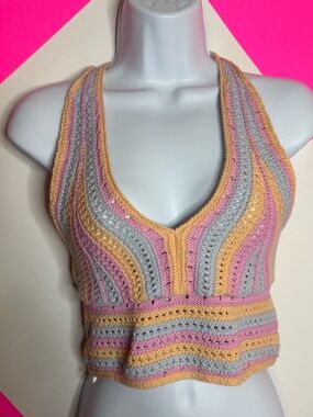 Hollister Crochet Halter Top Pastel Striped Small